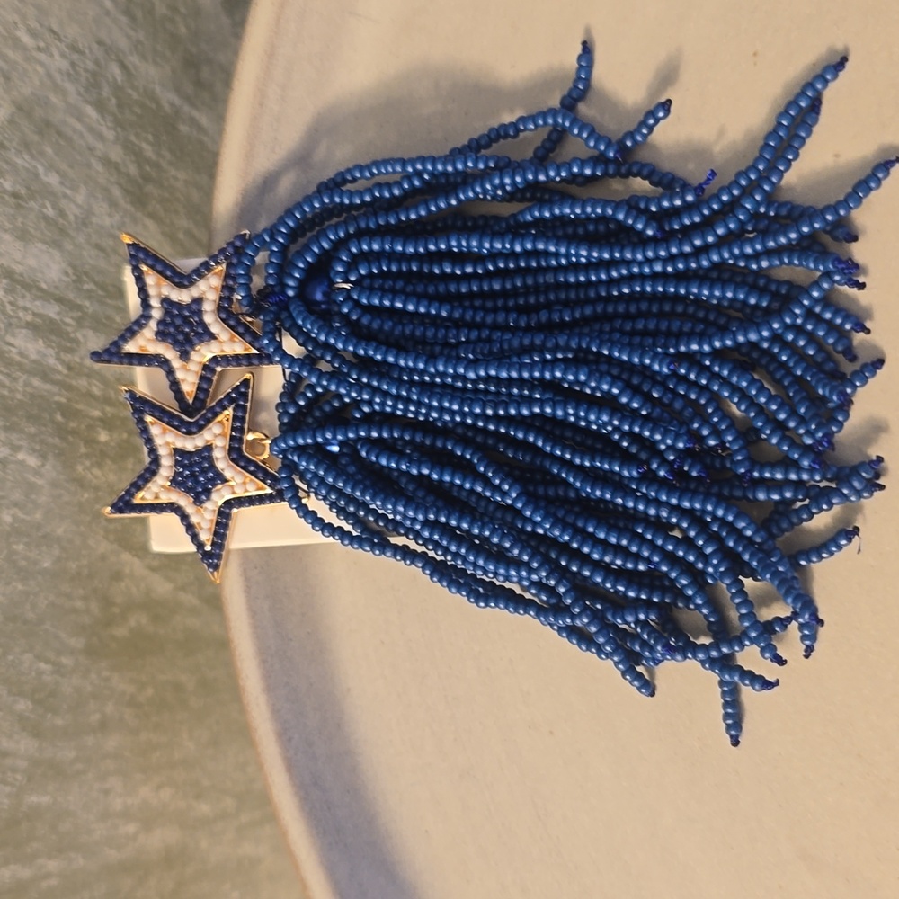 Blue Beaded Star Tassel Earrings New